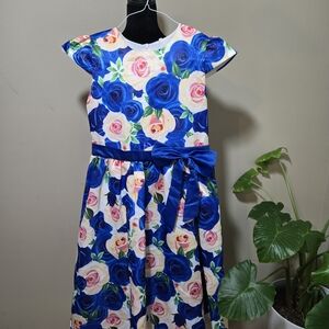 Girls Blue and Pink Floral Satin Bow Party Dress